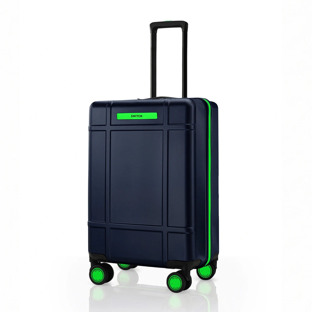 Navy cabin trolley suitcase with upright handle and 8 spinner wheels, green trim accents.