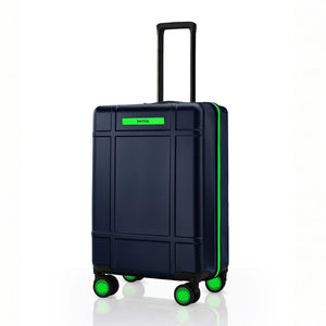 Navy cabin trolley suitcase with upright handle and 8 spinner wheels, green trim accents.