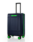 Navy cabin trolley suitcase with upright handle and 8 spinner wheels, green trim accents.