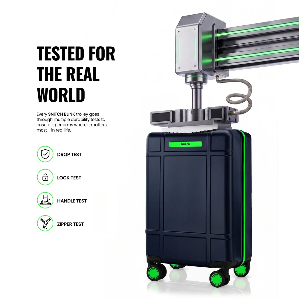 Dark cabin trolley suitcase with green wheel accents and upright handle, 8 spinner wheels.
