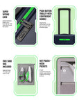 Cabin trolley suitcase with secure lock keypad and push-button handle, accessory compartments shown.