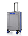 Silver cabin trolley suitcase front view with telescopic handle and 8 spinner wheels