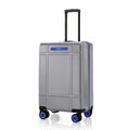 Silver cabin trolley suitcase front view with telescopic handle and 8 spinner wheels