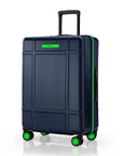 Large navy check-in trolley with upright handle, green accents, and 8 caster wheels