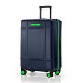 Large navy check-in trolley with upright handle, green accents, and 8 caster wheels