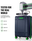 Large check-in trolley with navy polycarbonate shell and green trim, front view