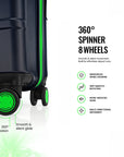 Large check-in trolley, dark polycarbonate body with green-trim spinner wheel