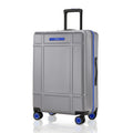 Large check-in trolley, silver polycarbonate shell with blue trim, top-front view
