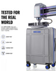 Large check-in trolley, silver polycarbonate body with blue trim and spinner wheels