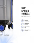 Large check-in trolley, silver polycarbonate with blue-trim spinner wheel details