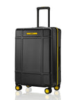 Black polycarbonate check-in trolley with upright handle and four corner wheels