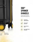 Black polycarbonate trolley showing 360° spinner wheels and reinforced corner trim