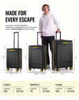 Black polycarbonate check-in trolley standing with telescopic handle and spinner wheels