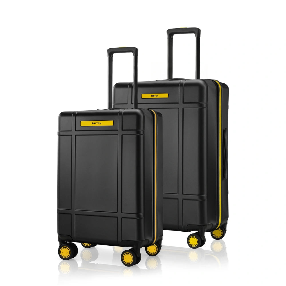 Polycarbonate trolley luggage set of two, black hard-shell with 8 spinner wheels