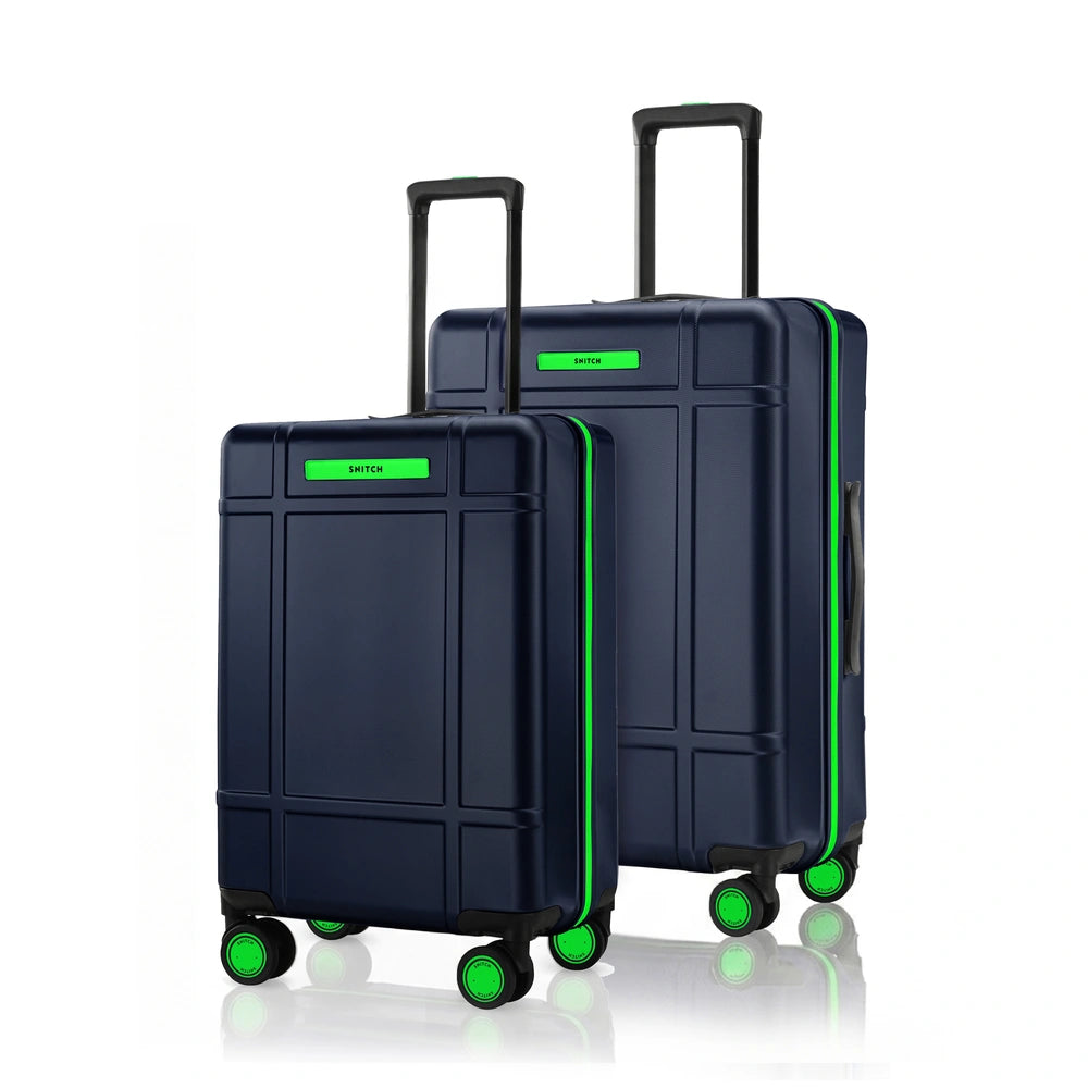 Navy polycarbonate trolley set of 2 with 8 spinner wheels, green trim and handles