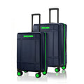 Navy polycarbonate trolley set of 2 with 8 spinner wheels, green trim and handles