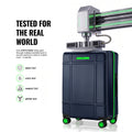 Polycarbonate trolley suitcase, navy hard-shell with green-trim accents and 8 spinner wheels
