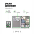 Polycarbonate trolley suitcase interior in grey lining with compartments, mesh, and wet pocket