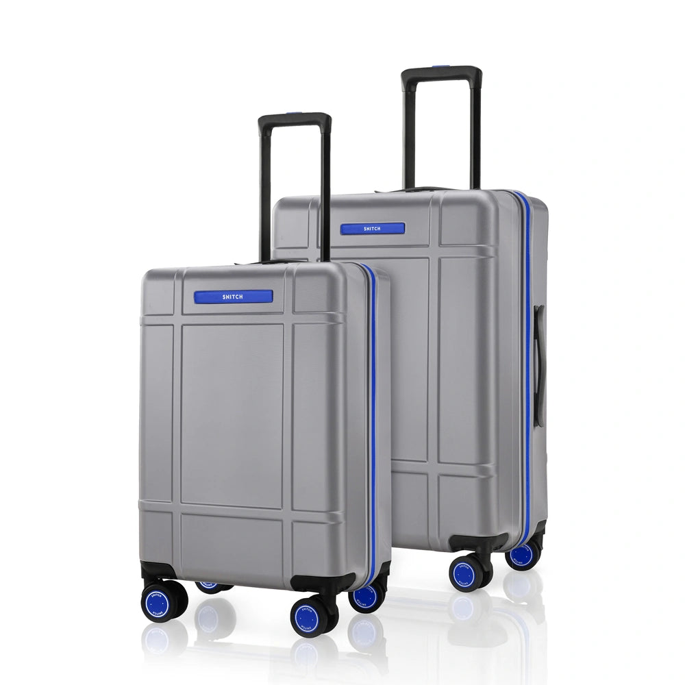 Silver polycarbonate trolley set of 2 with 8 spinner wheels and blue trim