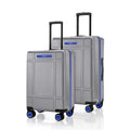 Silver polycarbonate trolley set of 2 with 8 spinner wheels and blue trim