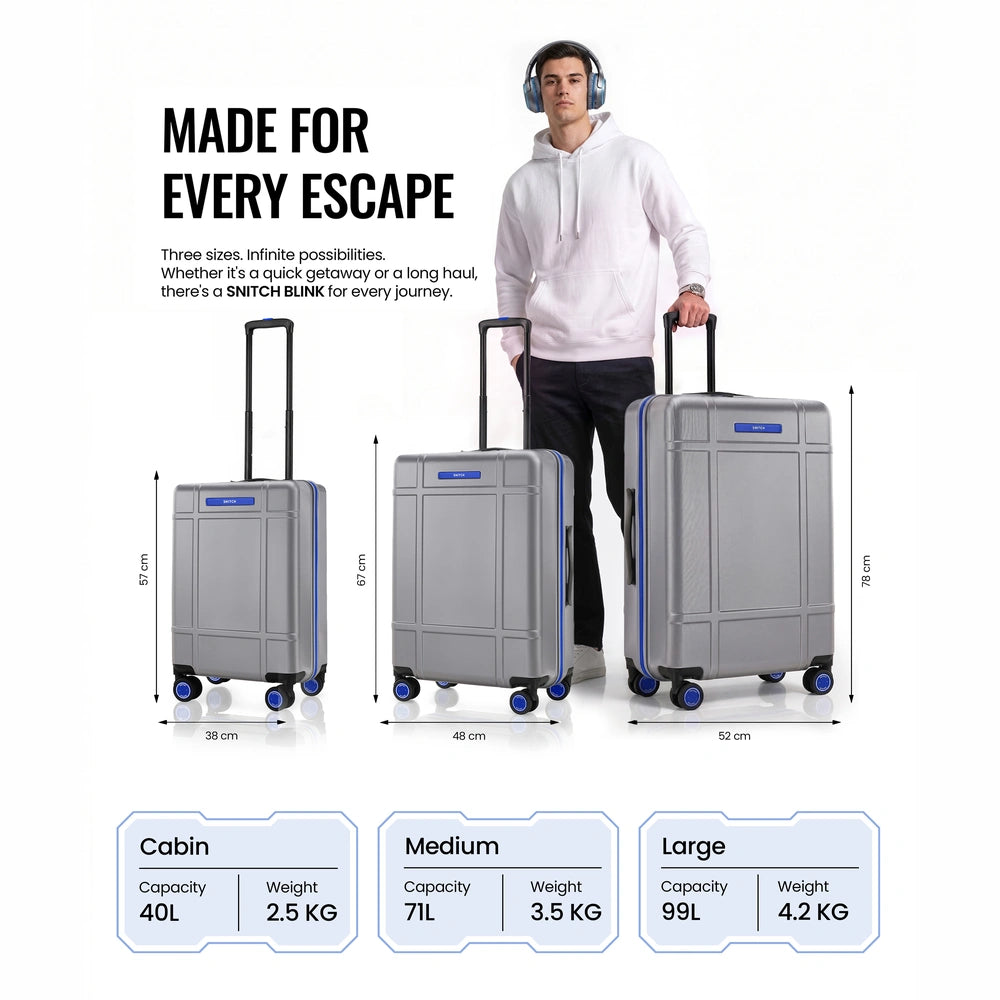 Silver trolley set sizes with cabin, medium, and large dimensions and blue wheels