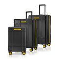 Set of three black polycarbonate trolley suitcases with 8 spinner wheels