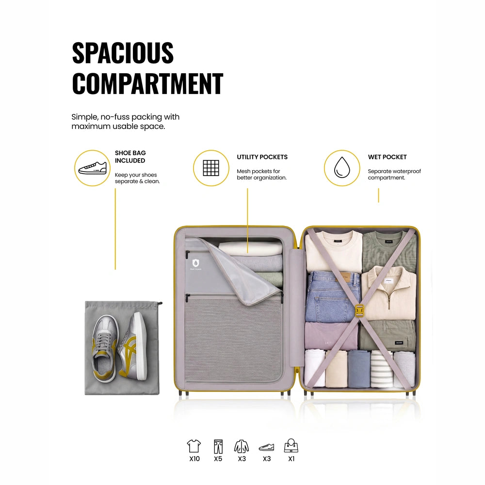 Three-section packing layout inside a black polycarbonate trolley suitcase set