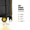 Black polycarbonate trolley suitcase corner with 8 spinner wheels and smooth rotation