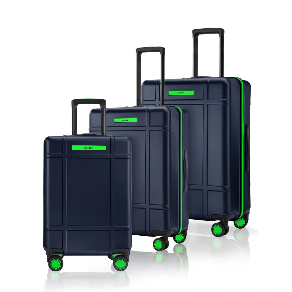 Navy polycarbonate trolley suitcase set of 3 with upright handles and four pairs of wheels