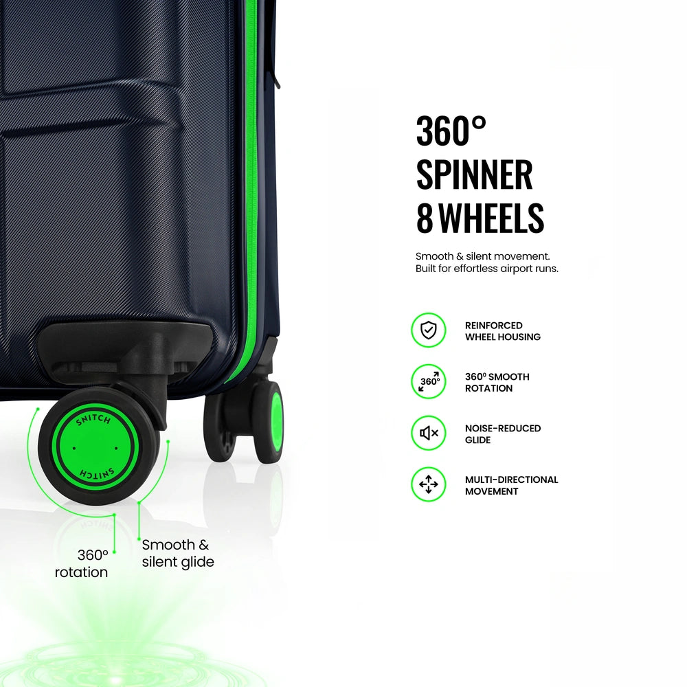 Navy polycarbonate trolley suitcase wheel close-up with 8 spinner smooth rotation