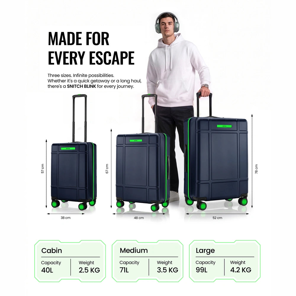 Navy polycarbonate trolley suitcase set of 3 shown with cabin, medium, and large sizes