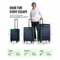 Navy polycarbonate trolley suitcase set of 3 shown with cabin, medium, and large sizes