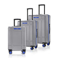 Silver polycarbonate trolley suitcase set of 3 with upright handles and spinner wheels