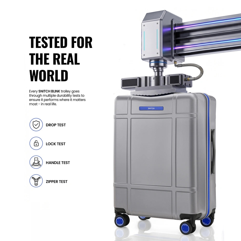Silver polycarbonate trolley suitcase with blue details and side-mounted handle on wheels