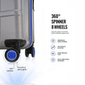 Silver polycarbonate trolley suitcase corner with 360° spinner wheels and blue edge trim