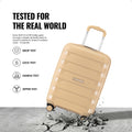 Beige cabin trolley suitcase with telescopic handle and four wheels, tested durability