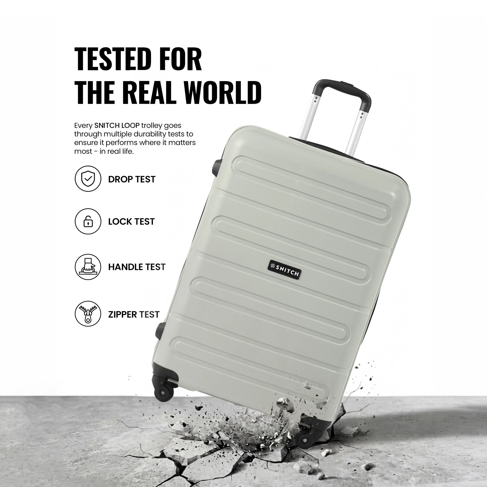 Light grey check-in trolley suitcase with reinforced shell, 4 wheels, and carry handle