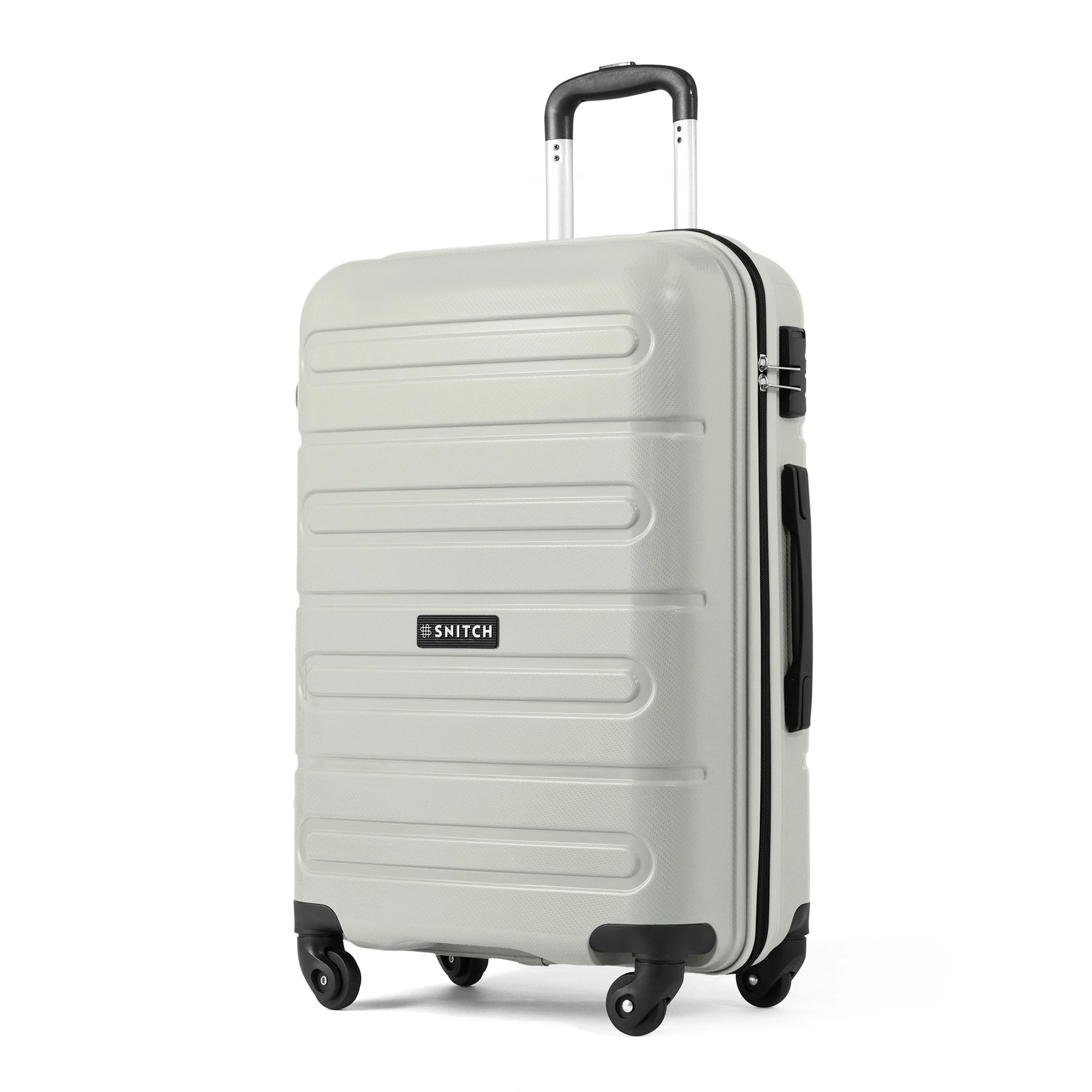 Medium check-in trolley suitcase, light grey with 4 spinner wheels and top carry handle