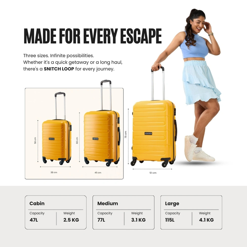 Polypropylene trolley set of 2 in yellow, four wheels, telescopic handle