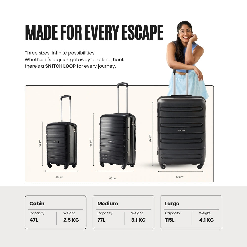 4-wheel trolley luggage set of 3 dark suitcases: cabin, medium, and large