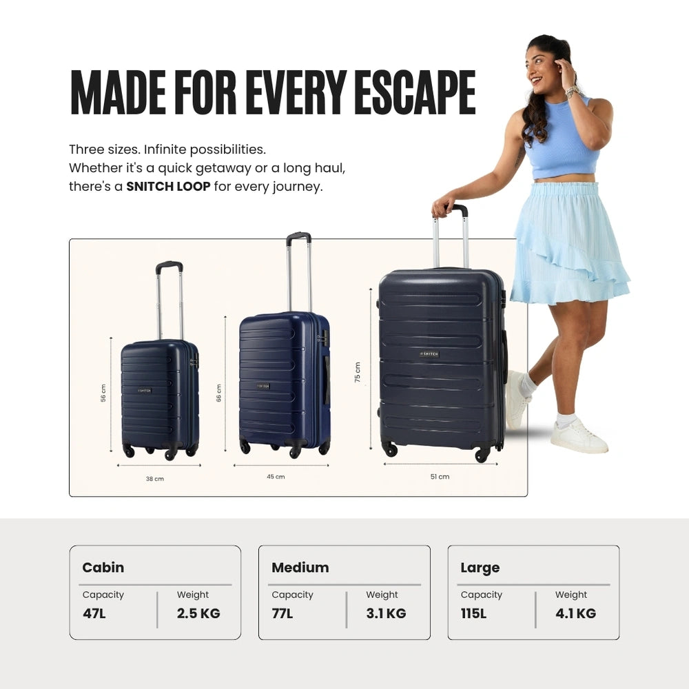 4-wheel trolley luggage set of 3 dark blue suitcases: cabin, medium, and large