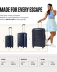 4-wheel trolley luggage set of 3 dark blue suitcases: cabin, medium, and large