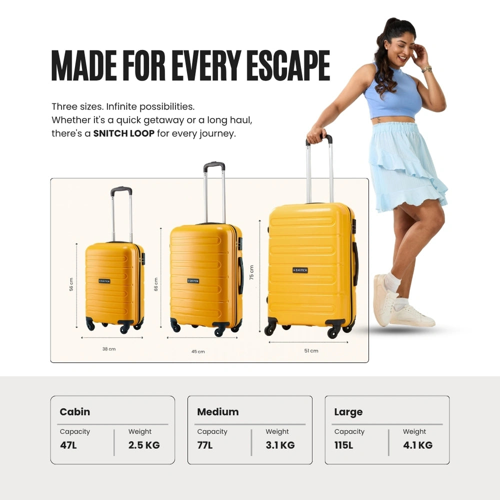 4-wheel trolley luggage set of 3 yellow suitcases: cabin, medium, and large