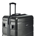Large check-in suitcase front view with telescopic handle and side access, black shell