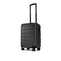 Small cabin suitcase, dark finish, upright with four visible wheels and handle
