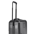 Black small cabin suitcase close-up of telescopic handle and ribbed side panel