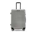 HRX hard-shell check-in suitcase, silver color, front view with 4 caster wheels