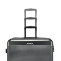 Dark grey hard-shell luggage suitcase front with telescopic handle and horizontal ridges