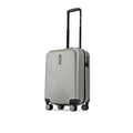 Silver small cabin suitcase with black handle and 8 spinner wheels, ridged shell