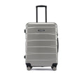Silver upright suitcase with telescopic handle and four spinner wheels
